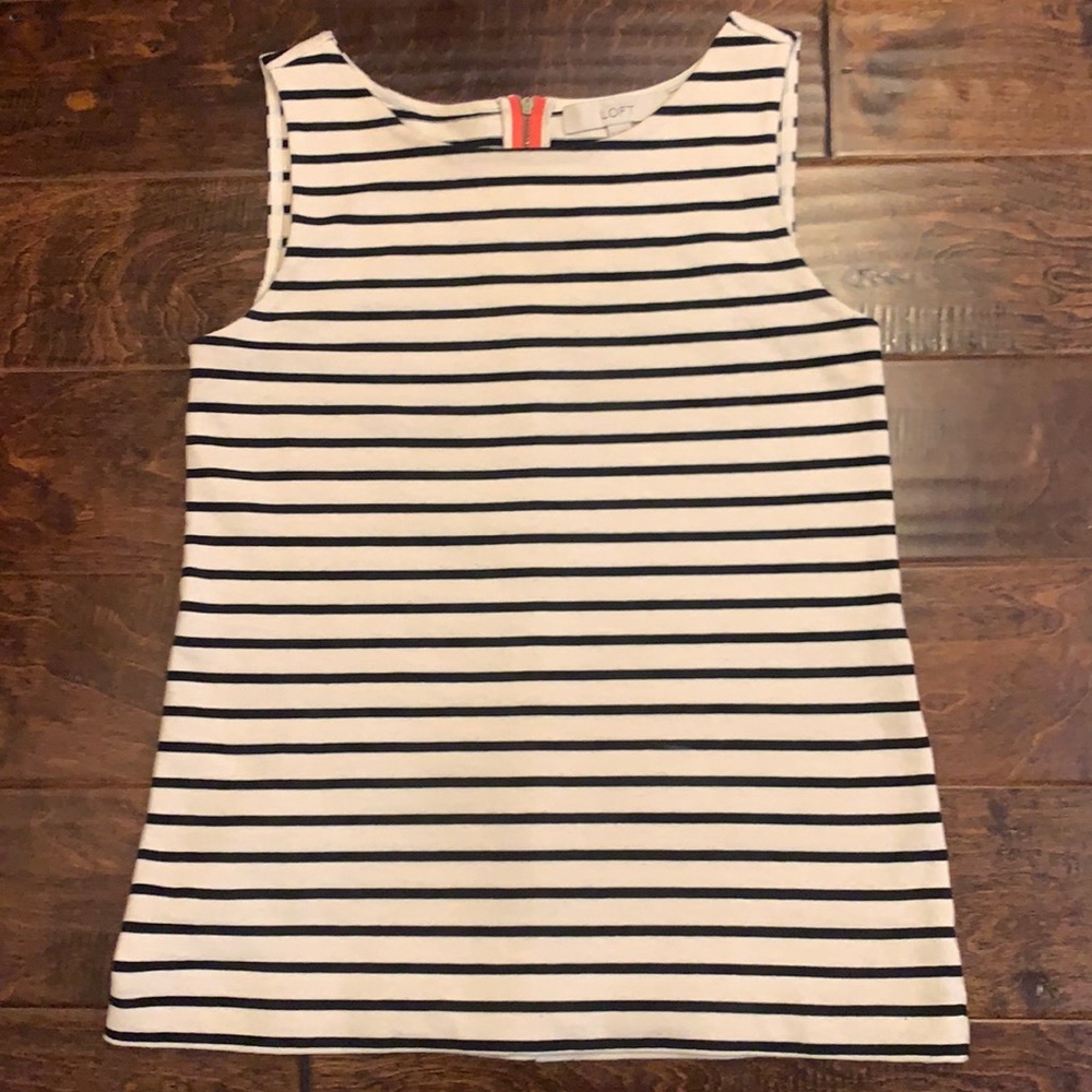 Loft navy/cream striped tank top with accent coral zipper on back